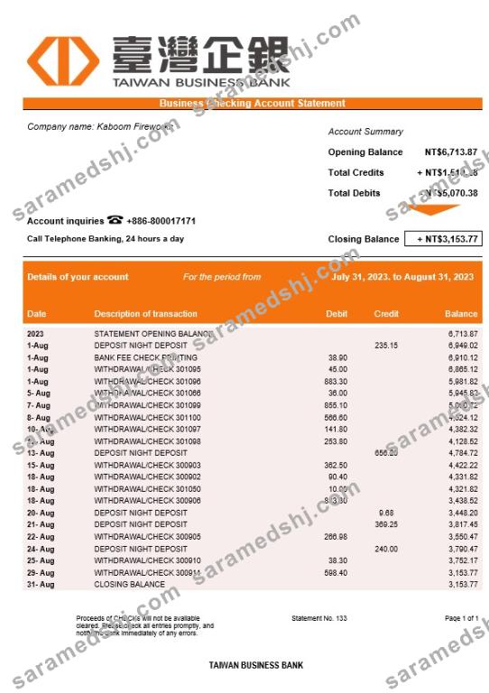 Taiwan Business Bank statement Word and PDF template
